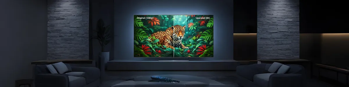Comparativo de imagem 1080p e 8K com jaguar na floresta