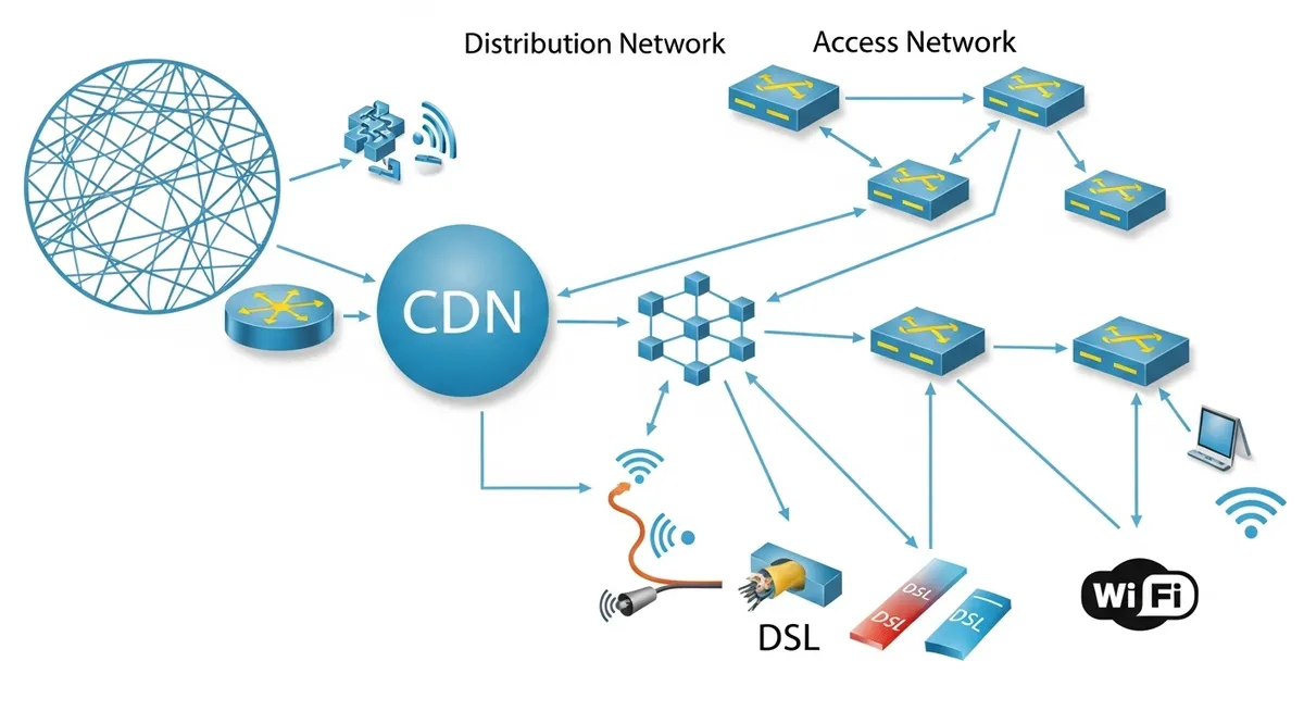 Diagrama mostra fluxo CDN até roteadores e conexão Wi-Fi DSL