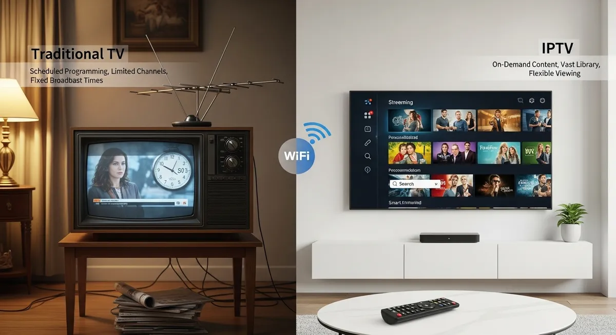 Comparação entre TV tradicional antiga e IPTV moderna via WiFi