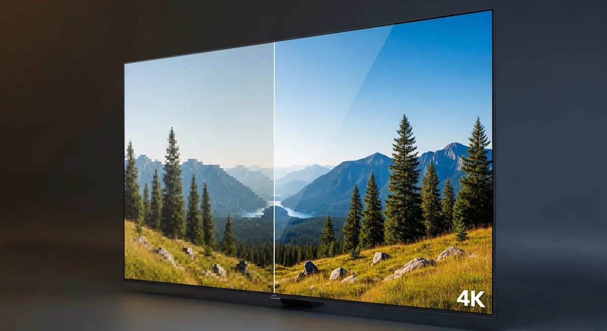 Comparação de imagem 4K e baixa resolução em tela de TV