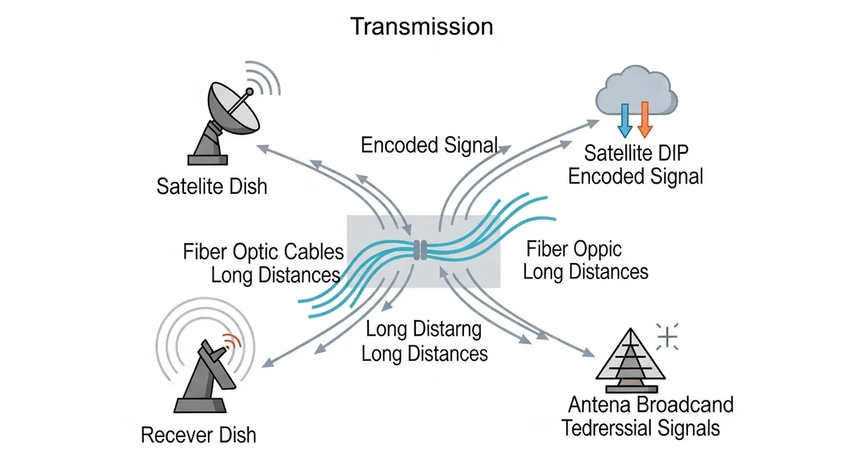 Esquema de transmissão com satélites, fibra óptica e antenas