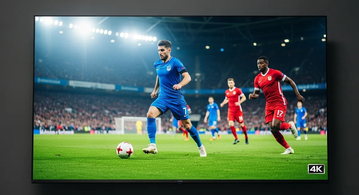 Partida de futebol exibida em TV 4K com jogadores em campo