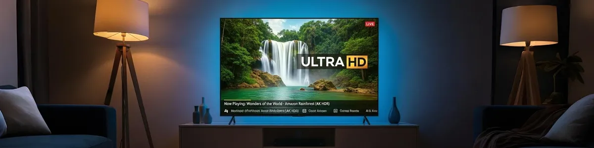 Sala escura com TV Ultra HD ligada e tigela de pipoca na mesa