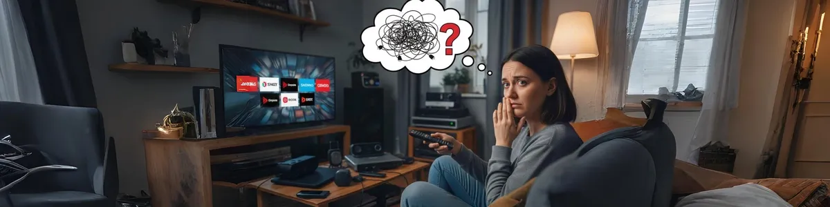 Mulher em um sofá olhando para a tela de uma Smart TV com vários logos de streaming, com uma nuvem de pensamento confusa e um ponto de interrogação sobre a cabeça.