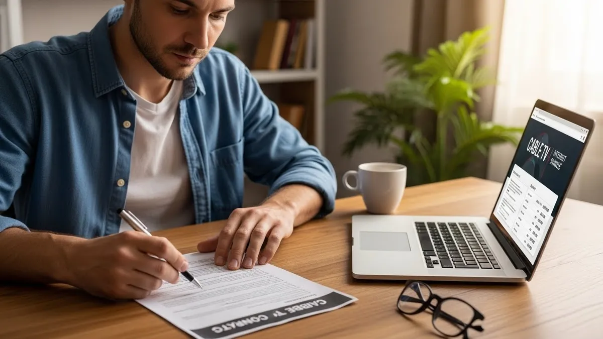 Homem preenchendo contrato de TV a cabo e internet em seu laptop.