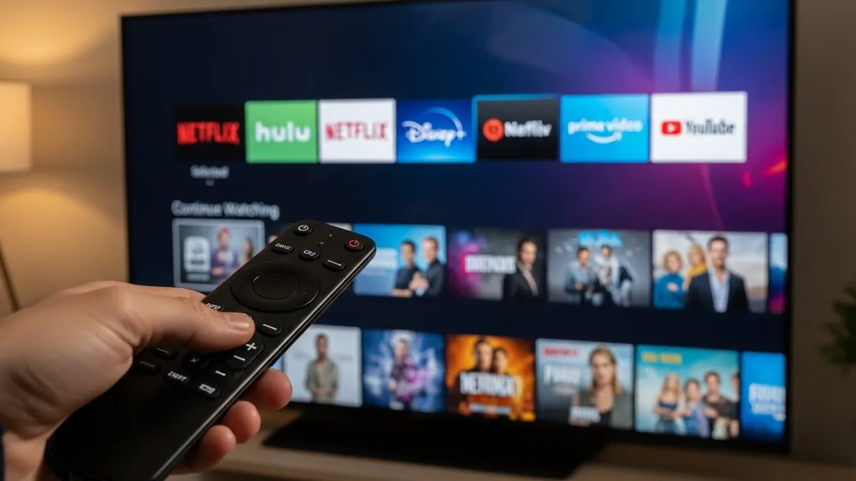 Mão segurando controle remoto em frente a uma Smart TV com apps.