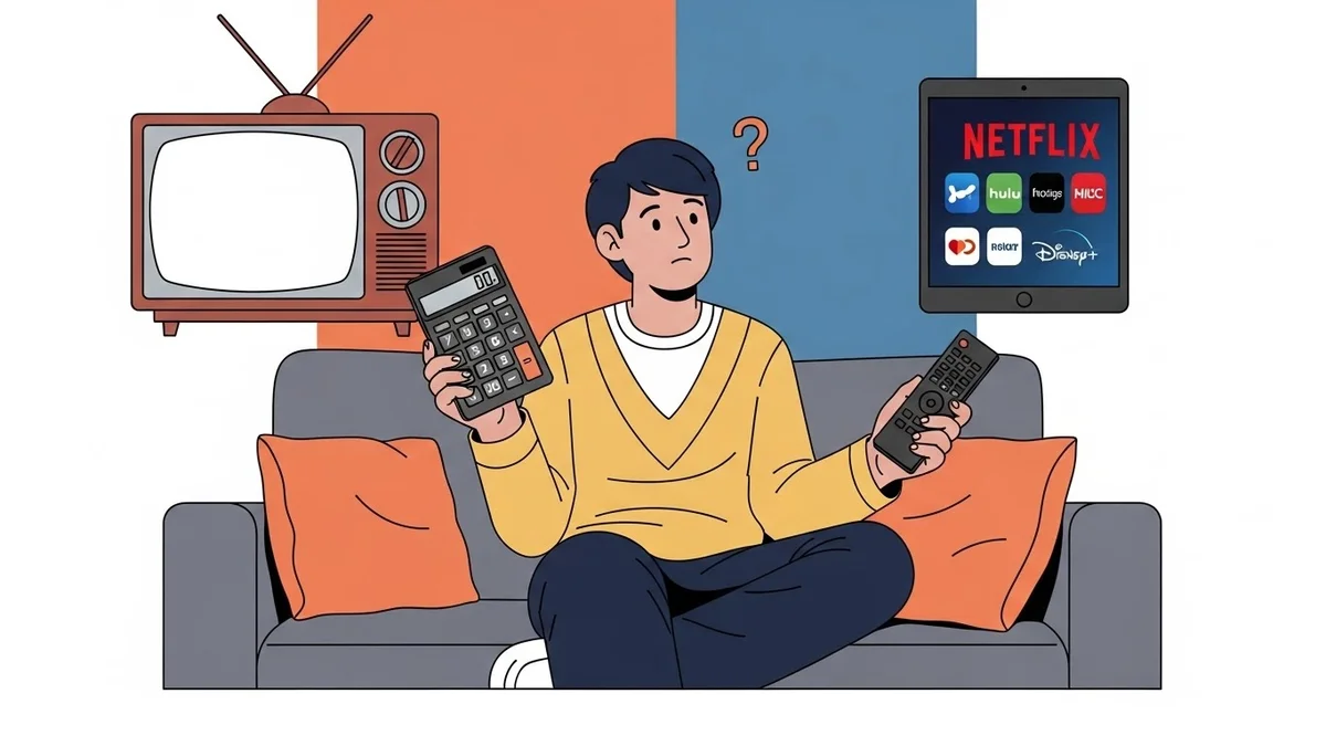 Ilustração de um homem sentado no sofá, confuso entre uma TV antiga e um tablet com aplicativos de streaming, segurando um controle e uma calculadora.
