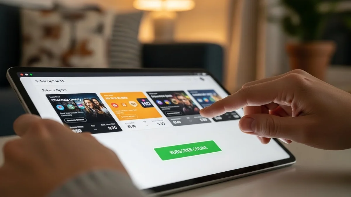Pessoa usando um tablet para navegar e selecionar planos de assinatura de TV, com um botão verde "Subscribe Online".