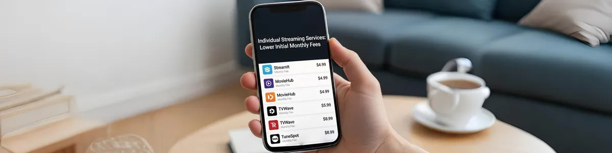 Mão segurando celular exibindo uma lista comparativa de preços mensais de serviços de streaming individuais.