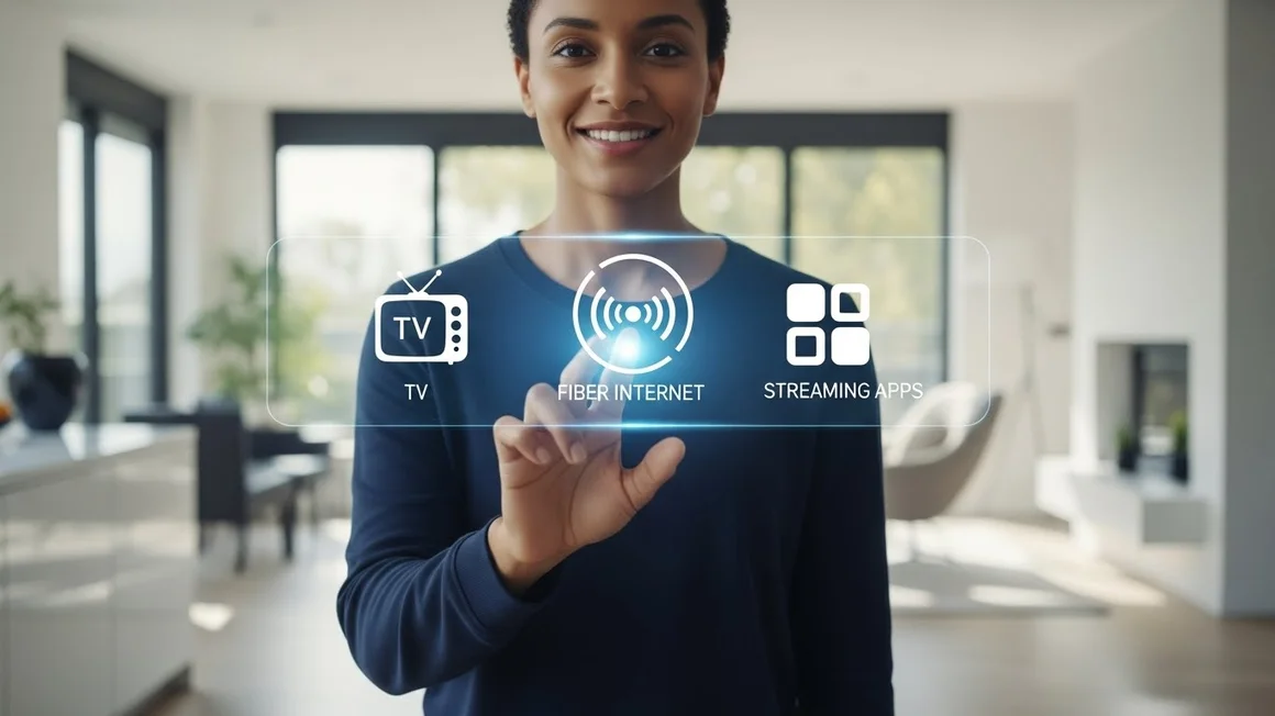 Uma mulher sorridente em um ambiente moderno interage com uma interface digital flutuante que exibe ícones de TV, Internet de Fibra e Aplicativos de Streaming.
