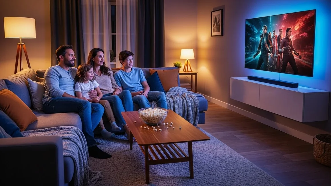 Uma família de quatro pessoas sentada em um sofá assistindo a um filme de ação em uma TV de tela grande com iluminação LED azul ao fundo, em uma sala de estar aconchegante à noite.