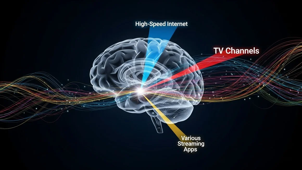 Representação digital de um cérebro humano com feixes de luz coloridos saindo do centro, com as etiquetas "High-Speed Internet", "TV Channels" e "Various Streaming Apps".