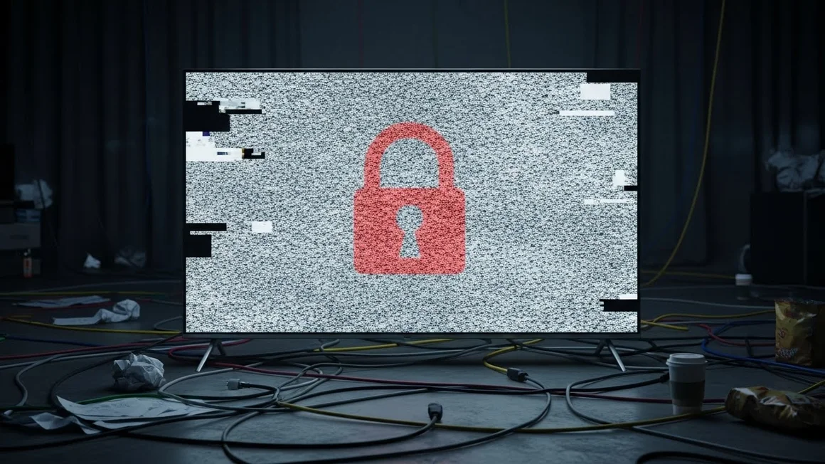 Tela de TV com estática e um grande cadeado vermelho centralizado, rodeada por fios bagunçados no chão.