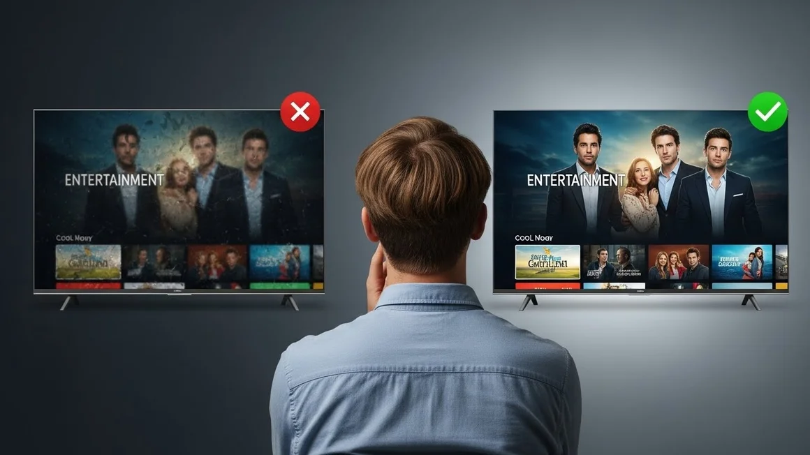 Homem observa duas TVs: uma com imagem borrada e ícone de erro, e outra com imagem nítida e ícone de check.