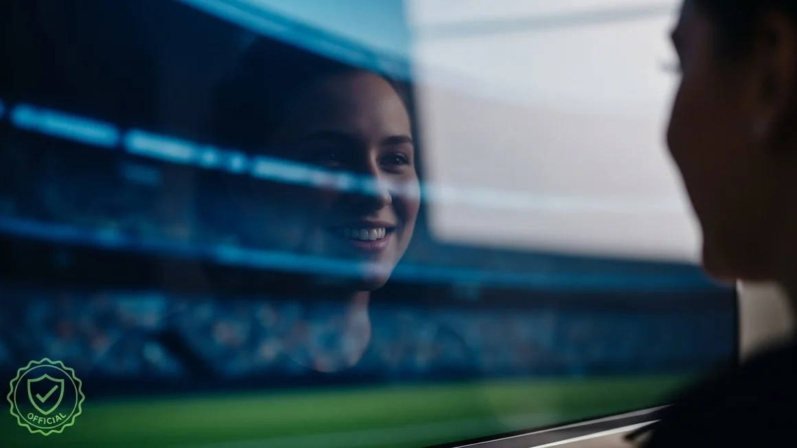 Close de uma tela de TV exibindo uma mulher sorrindo, com um selo verde escrito "Official" no canto inferior.