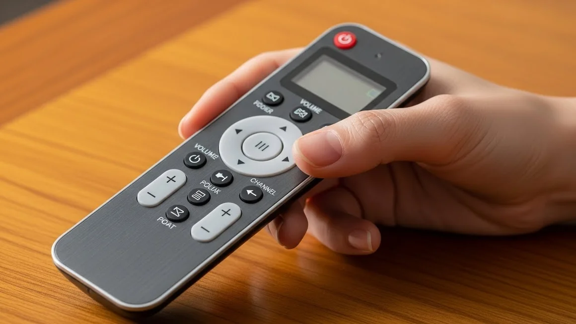 Close de uma mão segurando um controle remoto universal moderno com botões de volume, canais e um pequeno visor digital.