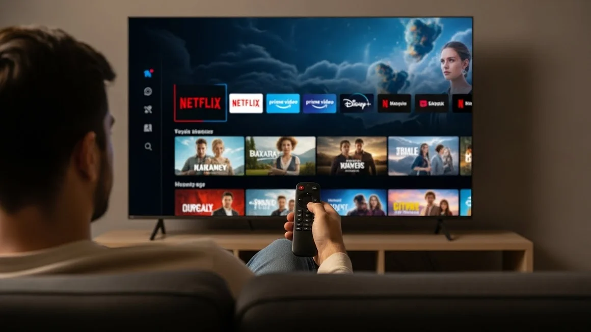 Visão de um homem sentado no sofá assistindo TV, navegando pelo menu da Netflix e outros serviços de streaming com um controle remoto.