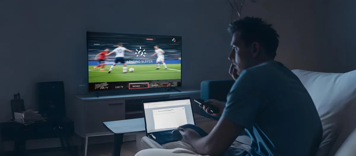 Homem assistindo futebol com streaming travando na TV