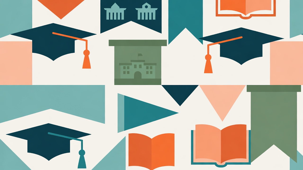Abstract higher education illustration with graduation caps and campus banners