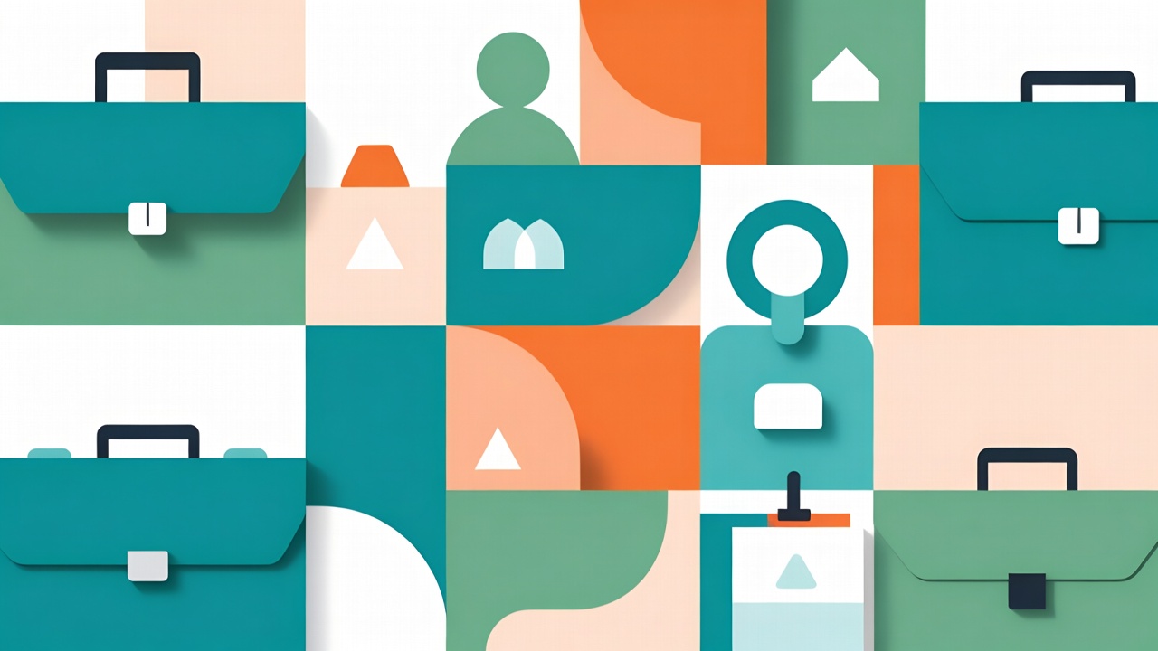 Abstract corporate illustration with briefcases and branded collateral