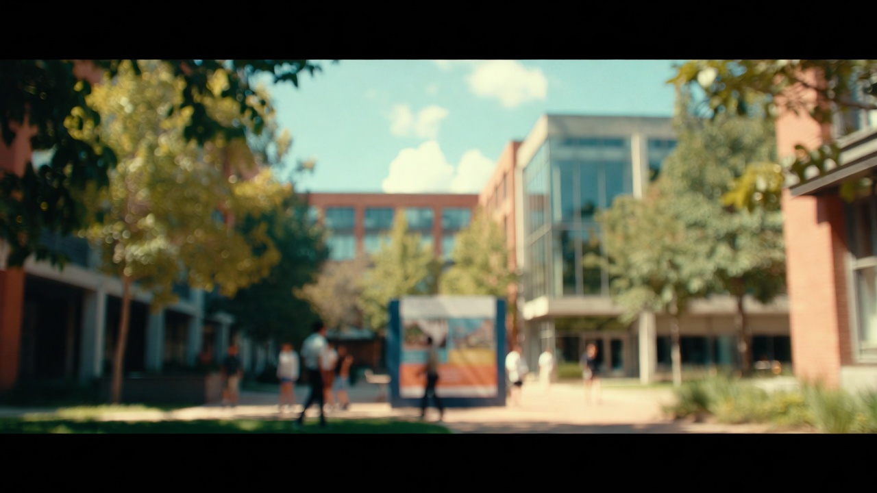 University campus with branded banners and event signage