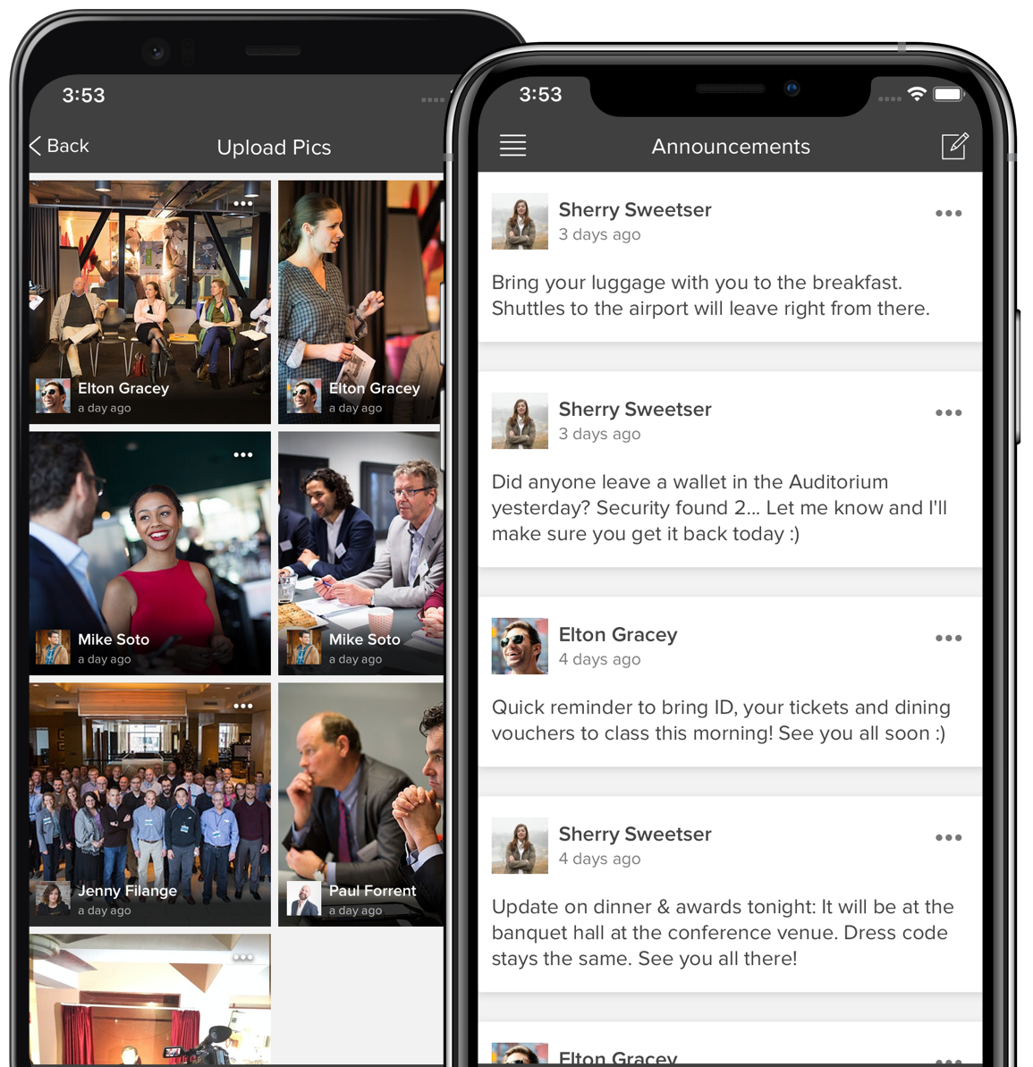 Share news, pictures and videos on the mobile app for your conference, event or training