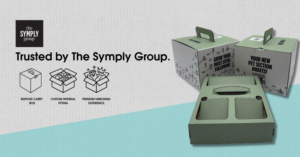 The Symply Group premium presentation box by The Box Factory, shown closed and open with its custom internal fitting