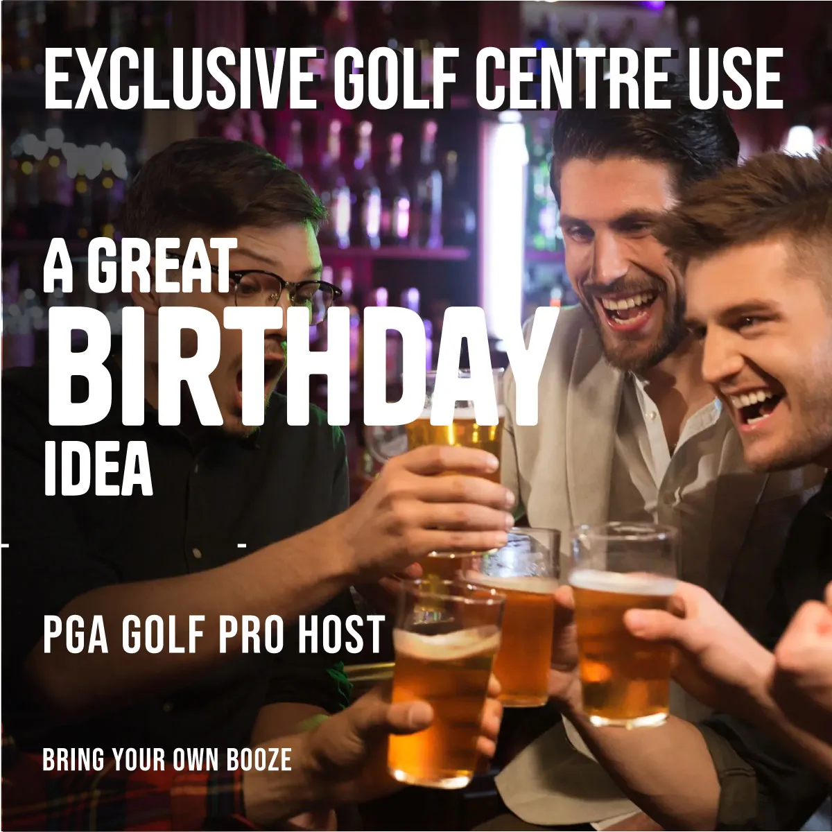 young golfers drinking beer at a stag do at the indoor golf centre.
