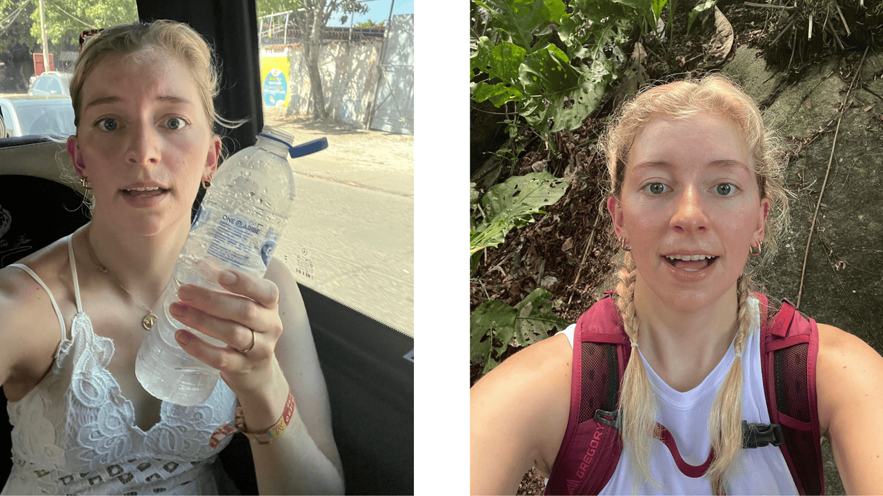 Split image of a sweaty traveler holding a water bottle and hiking in hot, humid Colombian weather.