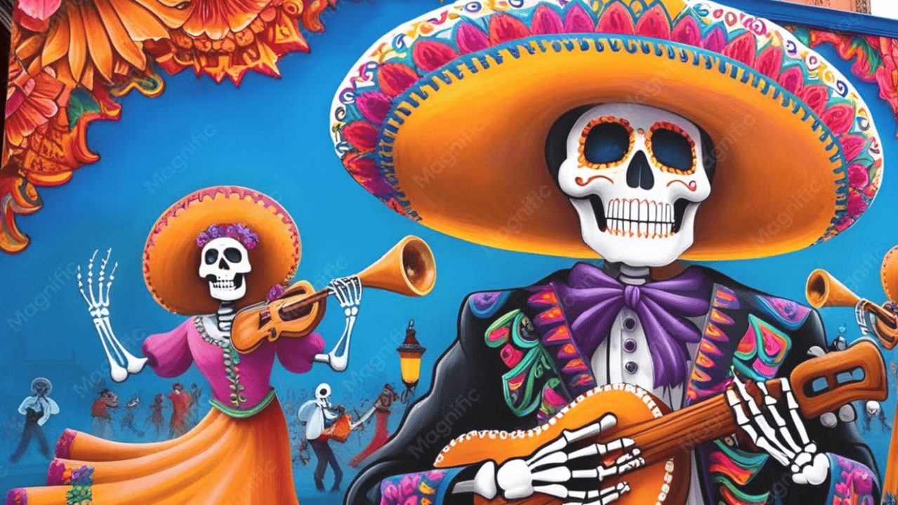 Colorful Día de los Muertos illustration featuring skeleton musicians wearing traditional Mexican sombreros and playing guitars.