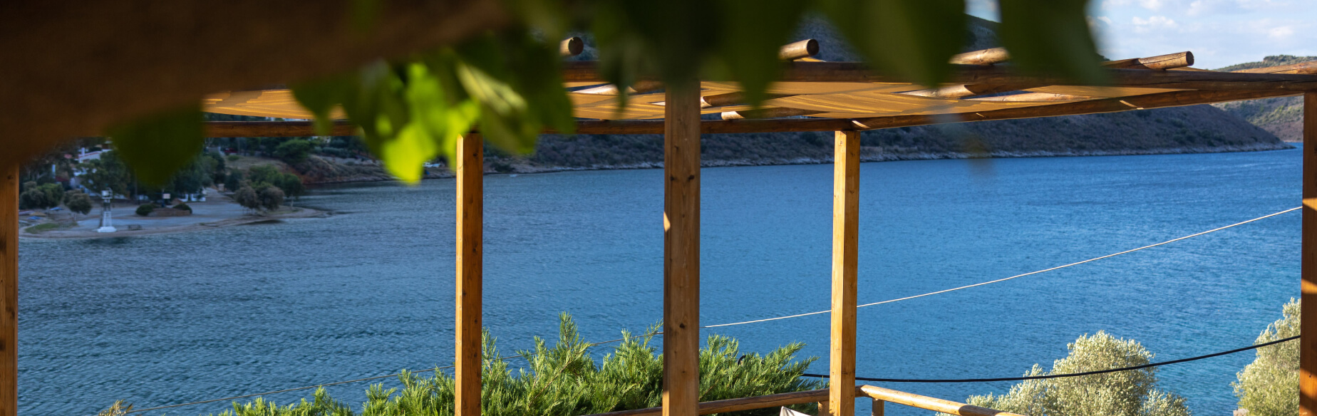 A gazebo with hanging vine leaves overlooking blue sea waters in Greece