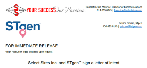 SELECT SIRES INC. AND STGEN™ SIGN A LETTER OF INTENT