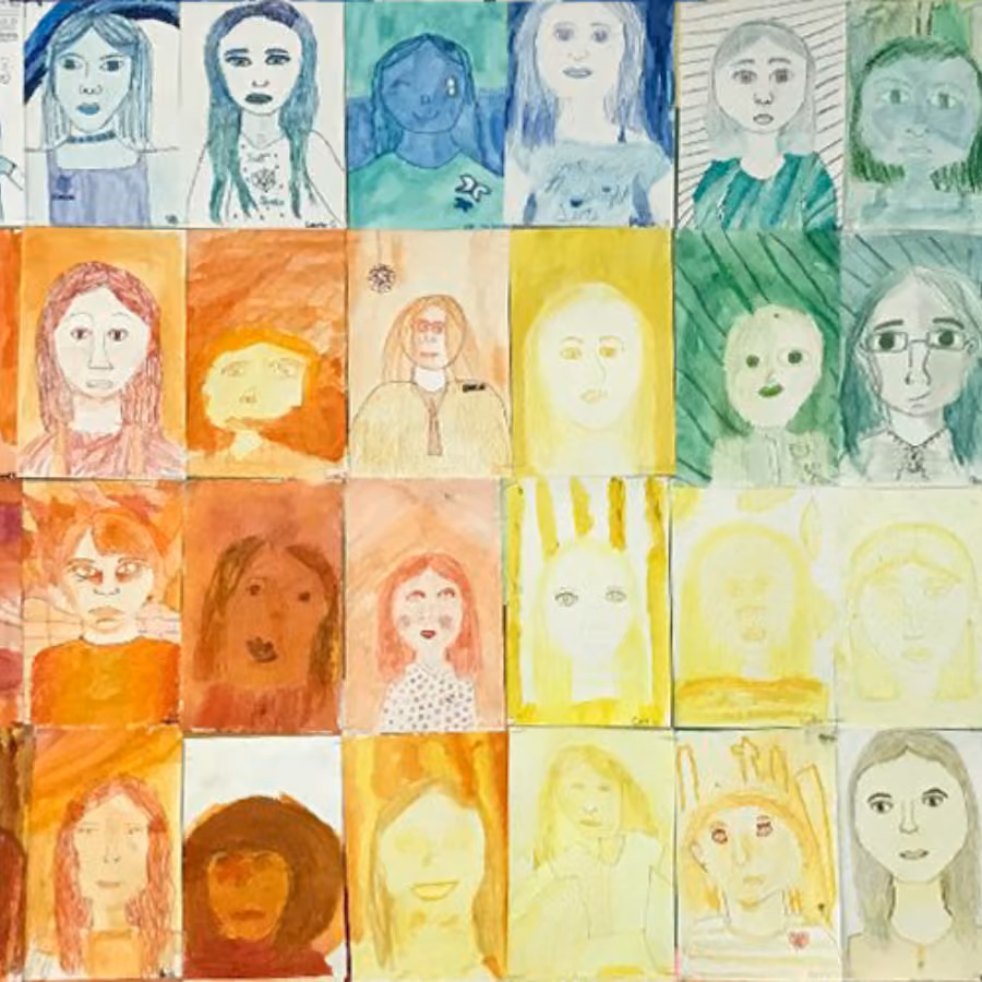 Grid of 25 colorful childlike watercolor portraits of diverse faces, arranged in five rows of five, each with different colors and styles.