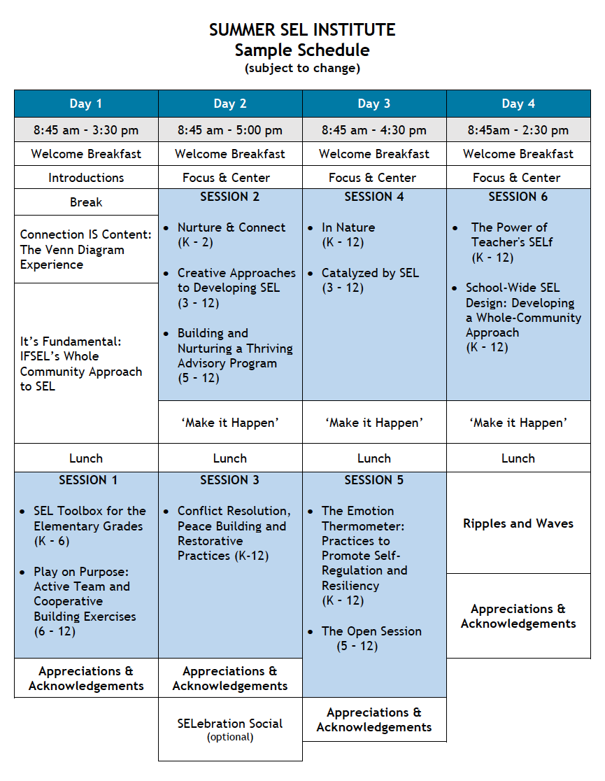 Summer Institute Sample Schedule