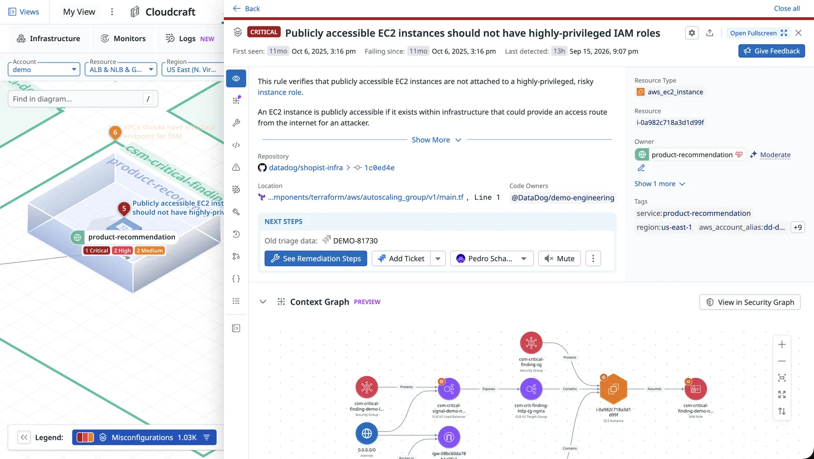 Security misconfigurations and vulnerabilities highlighted on the resources that have them