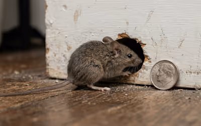 House mouse attempting to squeeze through a dime-sized gap in a home foundation. Professional mouse exclusion services in Post Falls and Spokane.