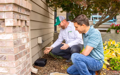 Crosstown Pest technician Adam sealing a foundation utility gap using steel mesh and weather-resistant sealant in Coeur d'Alene.