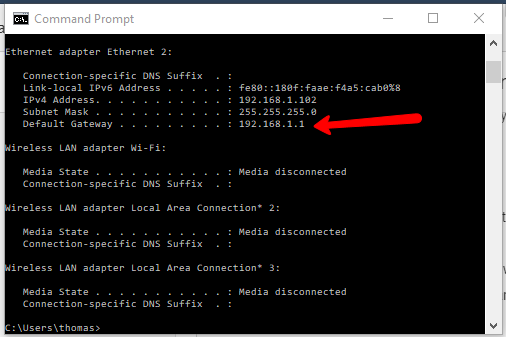 Default Gateway in Command Prompt