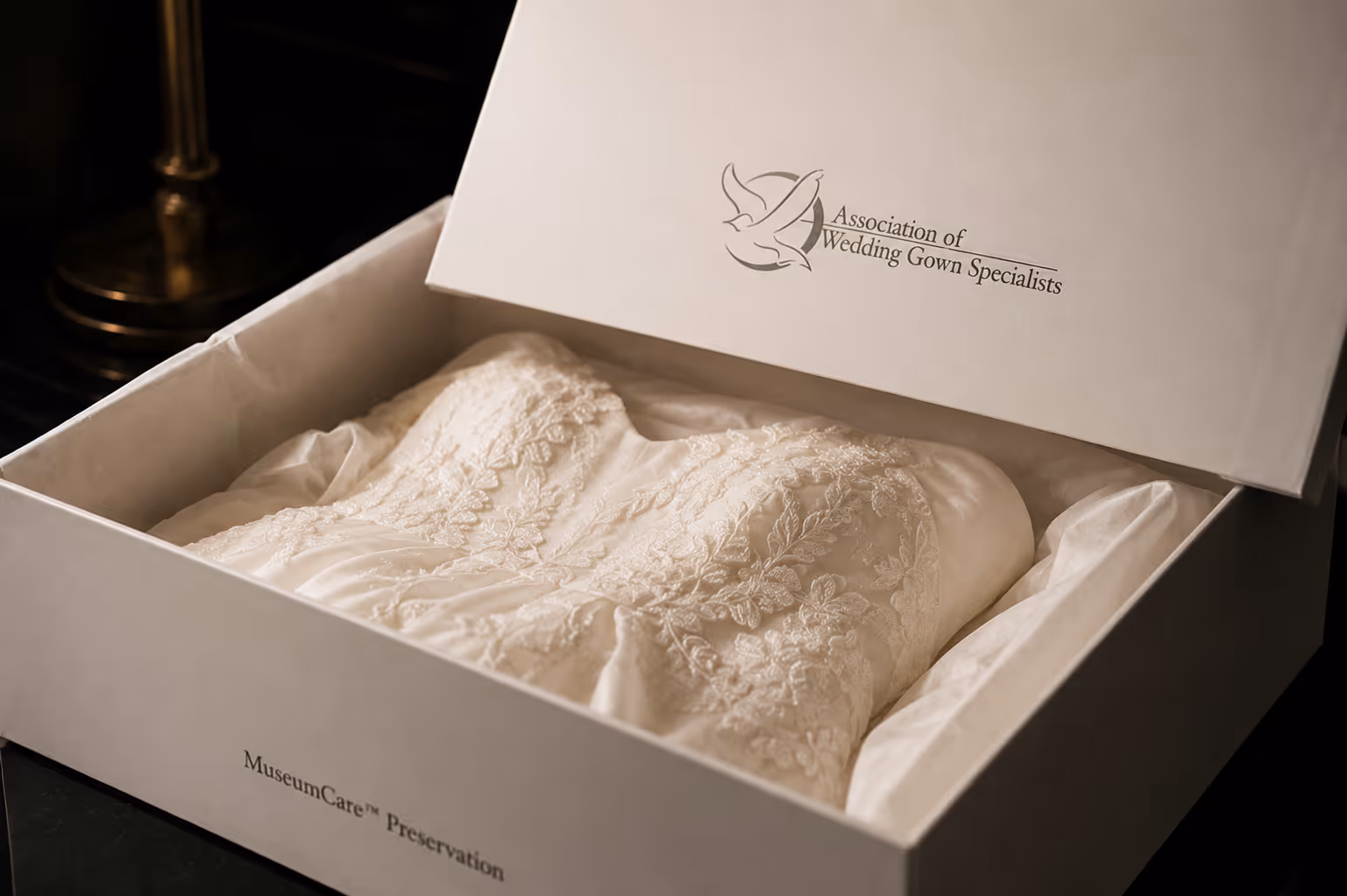 Servicio de conservación de vestidos de novia en caja de calidad museo