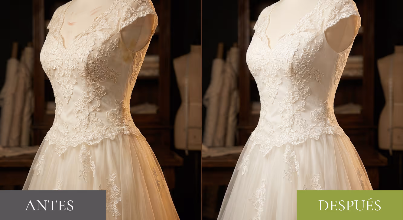 Antes y después: vestido de novia con manchas de maquillaje y sudor, restaurado
