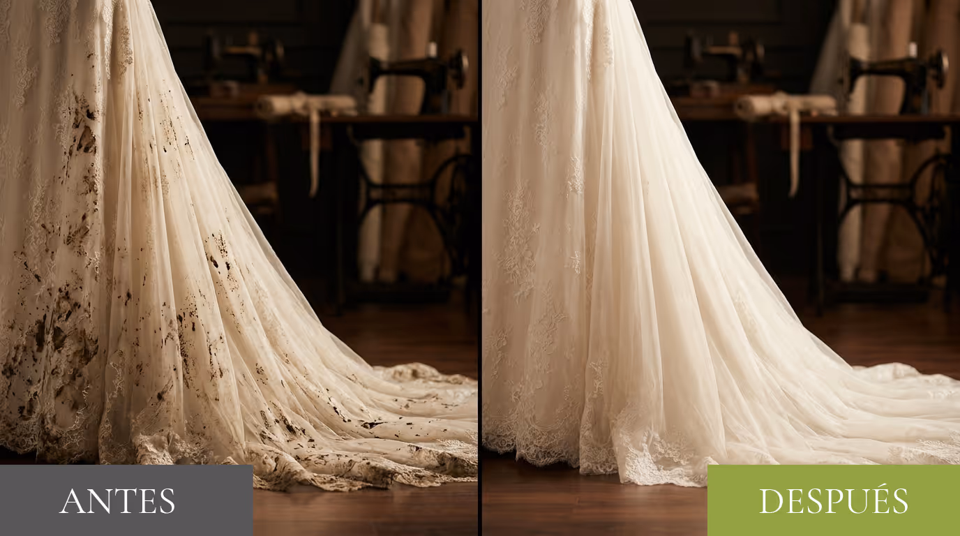 Antes y después: vestido de novia con manchas de lodo, restaurado