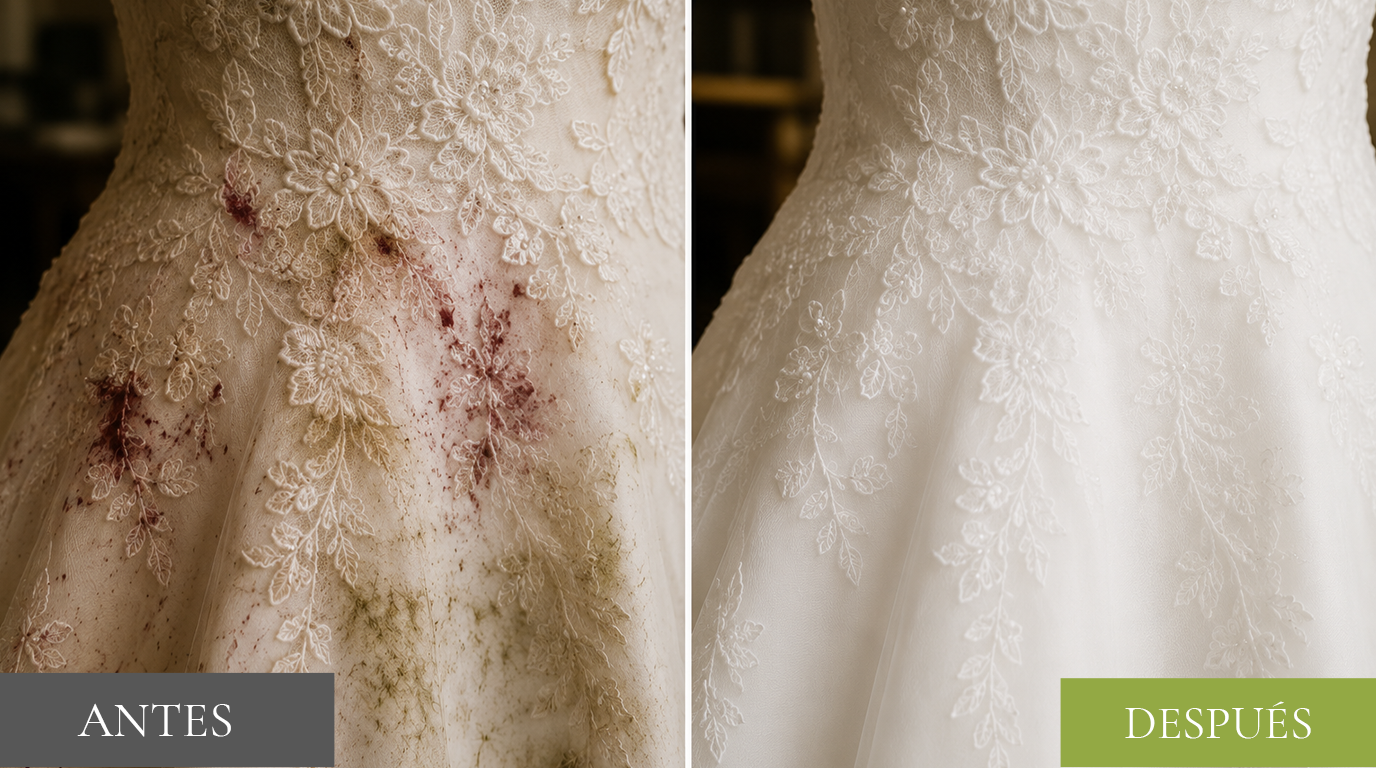 Antes y después: vestido de novia con manchas de vino y pasto, restaurado