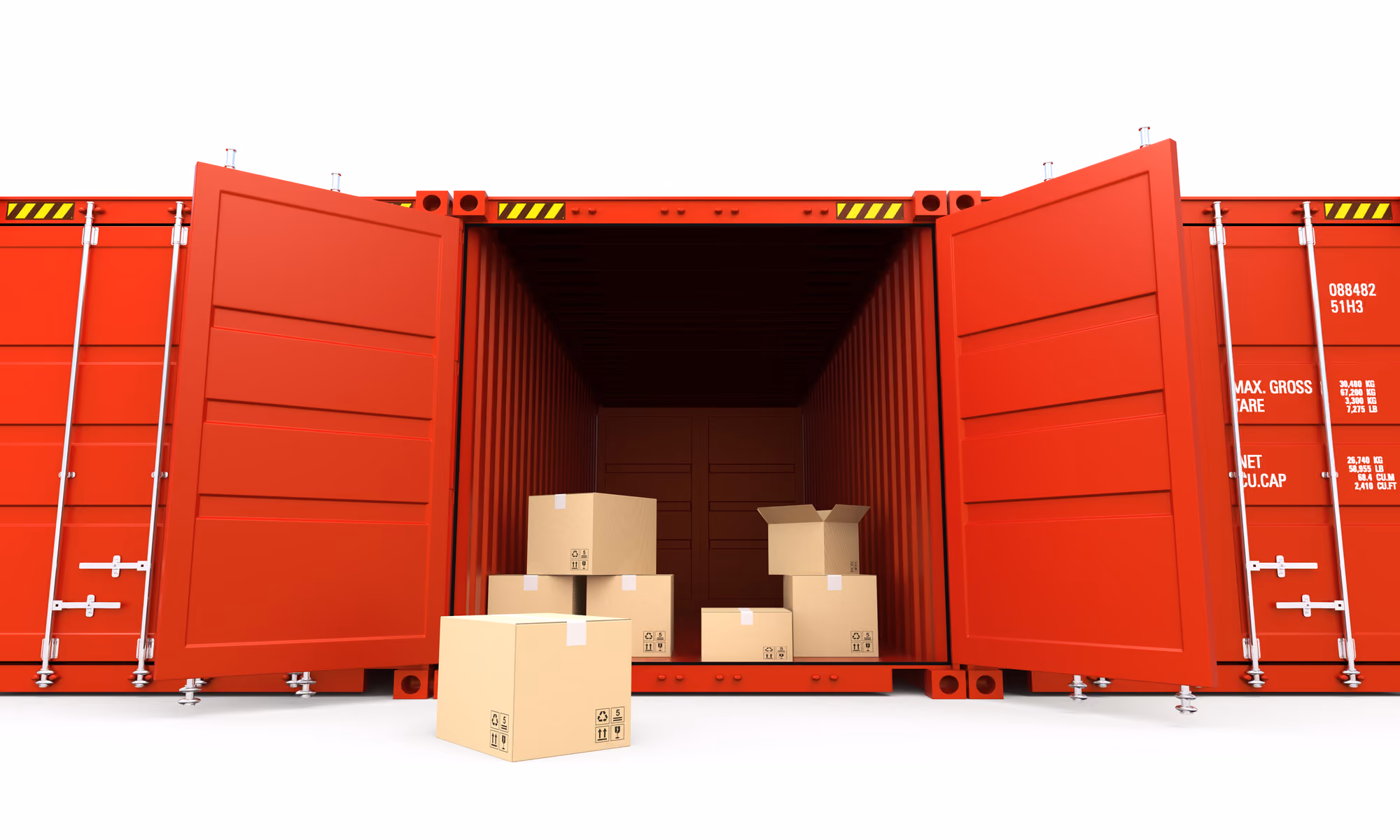 A red container filled with cardboard boxes