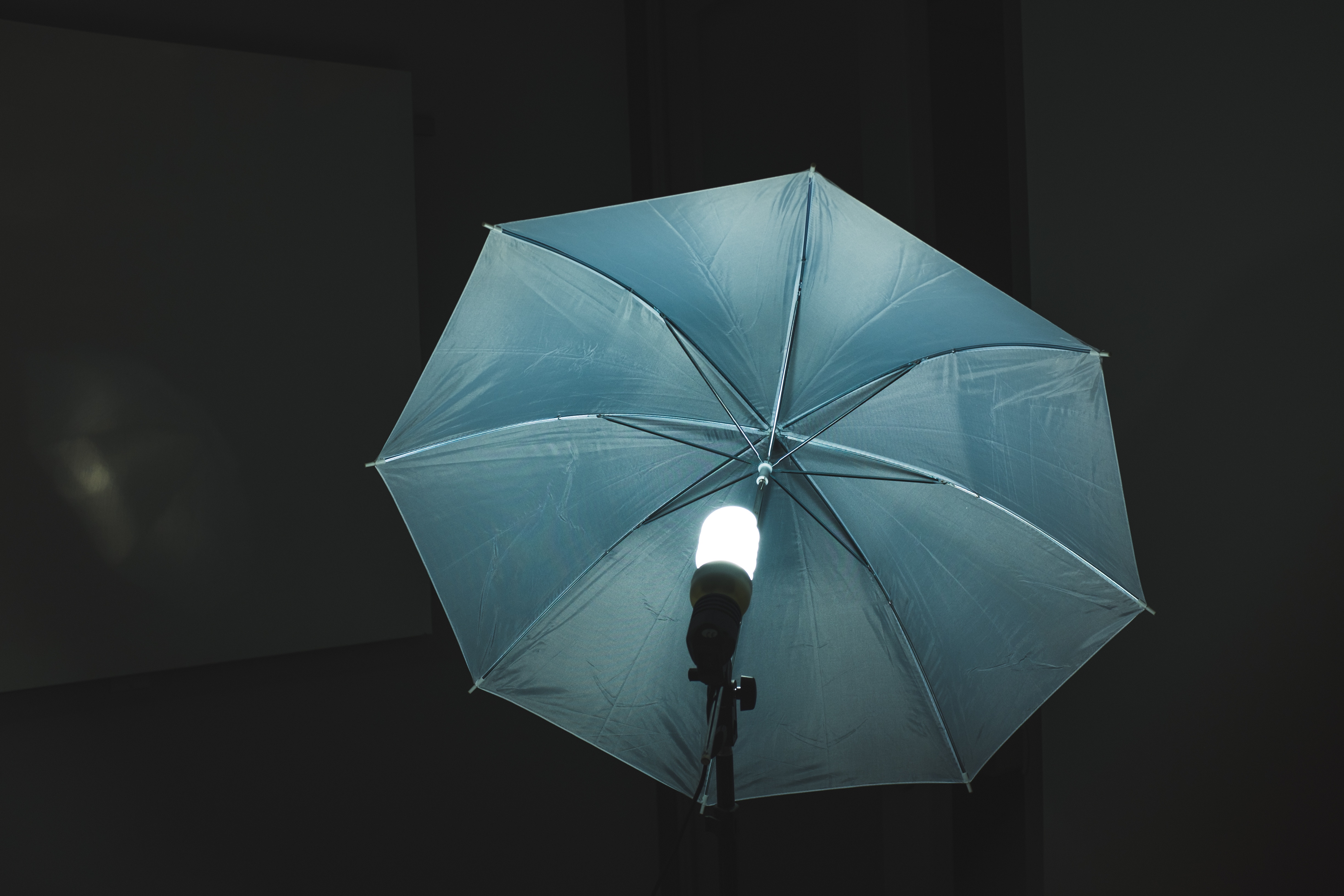 Close-up of a studio photography lighting setup with a translucent white shoot-through umbrella and bulb on a stand