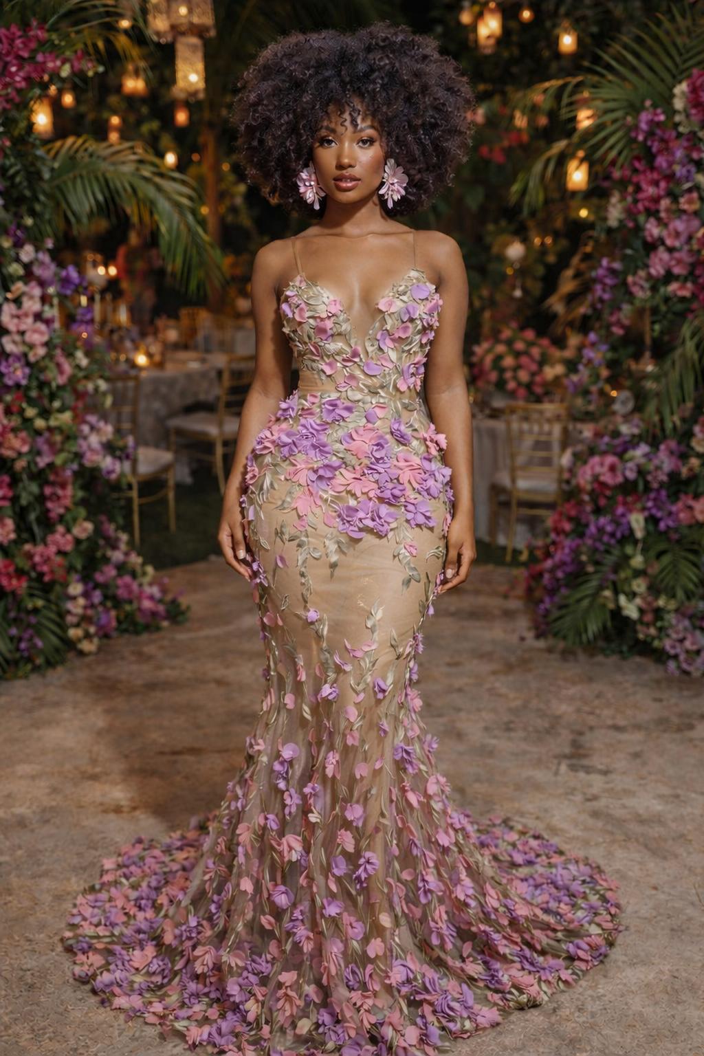 Woman with curly hair in a beige gown adorned with pink and purple floral appliques standing in a decorated garden setting with hanging lights and flowers.