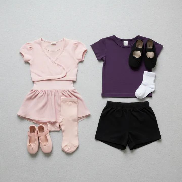 Two children's outfits laid flat: one pink ballet set with wrap top, skirted shorts, tights, and ballet slippers; one casual set with purple t-shirt, black shorts, white socks, and black shoes.