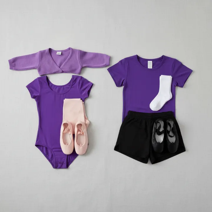 Two sets of dancewear outfits laid flat on a gray surface: one with a purple leotard, pink tights, ballet shoes, and a lavender shrug; the other with a purple t-shirt, black shorts, white socks, and black ballet shoes.