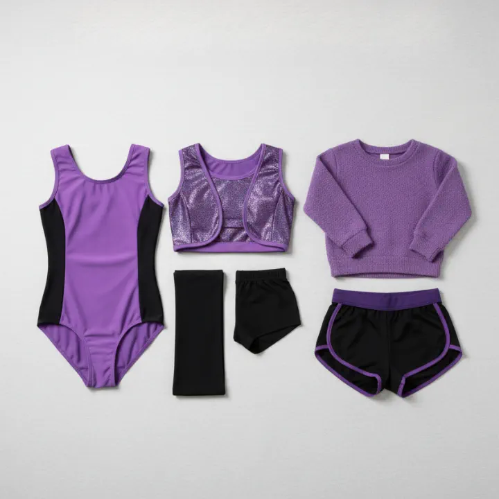 Six-piece children’s activewear set including a purple and black sleeveless leotard, sparkly purple sports bra, black leggings, black shorts, purple-trimmed black shorts, and a purple fuzzy long sleeve sweater.