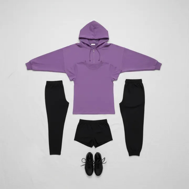 Flat lay of purple hoodie and t-shirt paired with black leggings, shorts, joggers, and black shoes on a white background.