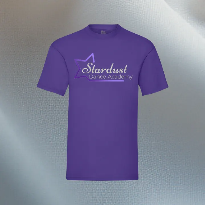 Purple short-sleeve T-shirt with a star graphic and the text 'Stardust Dance Academy' in the center.